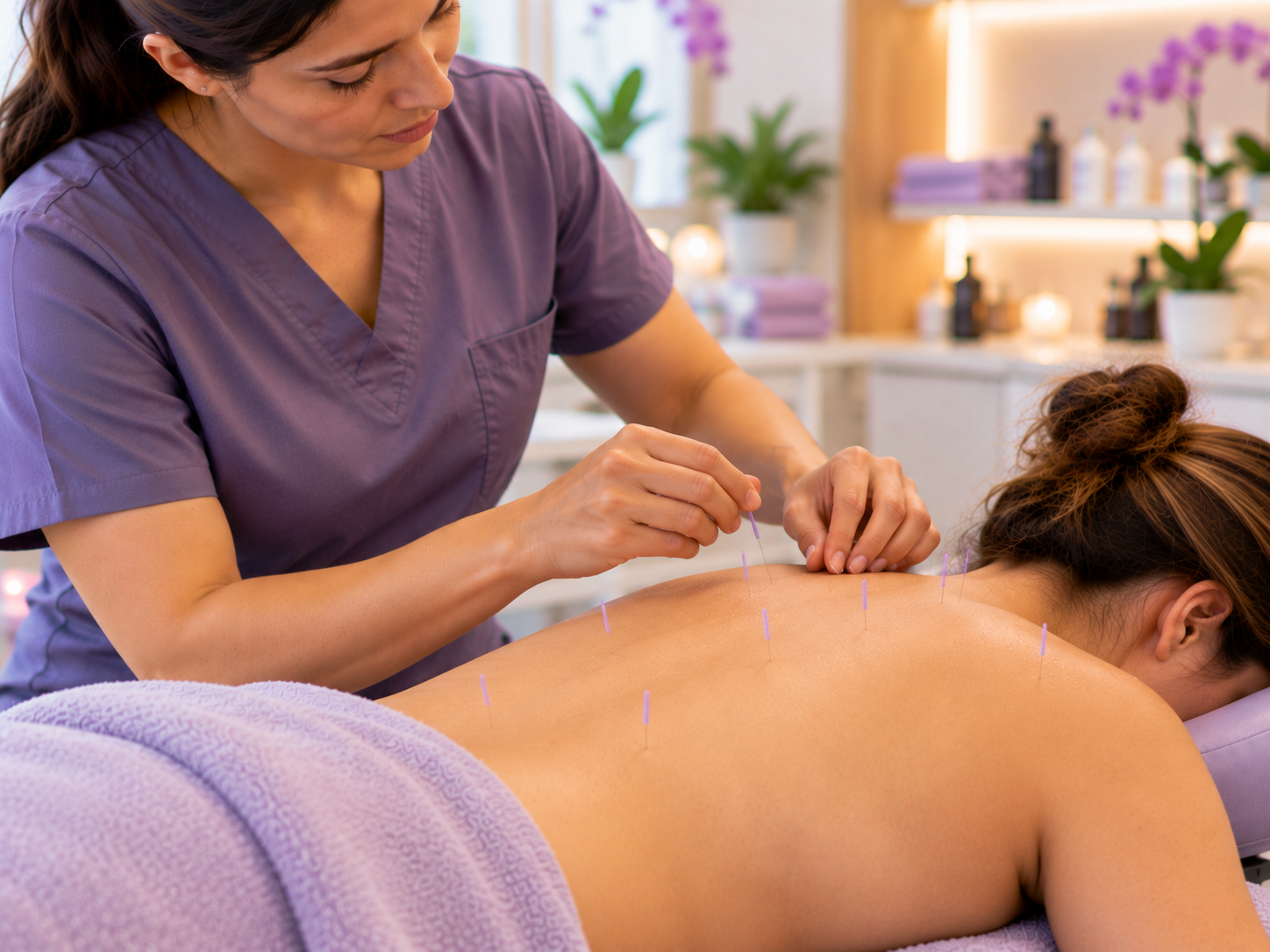 Espalda para sesión de acupuntura terapéutica